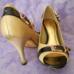 Antonio Melani Peep Toe Pumps, Size 8M, Pearlized Gold and Black, Buckle Accents